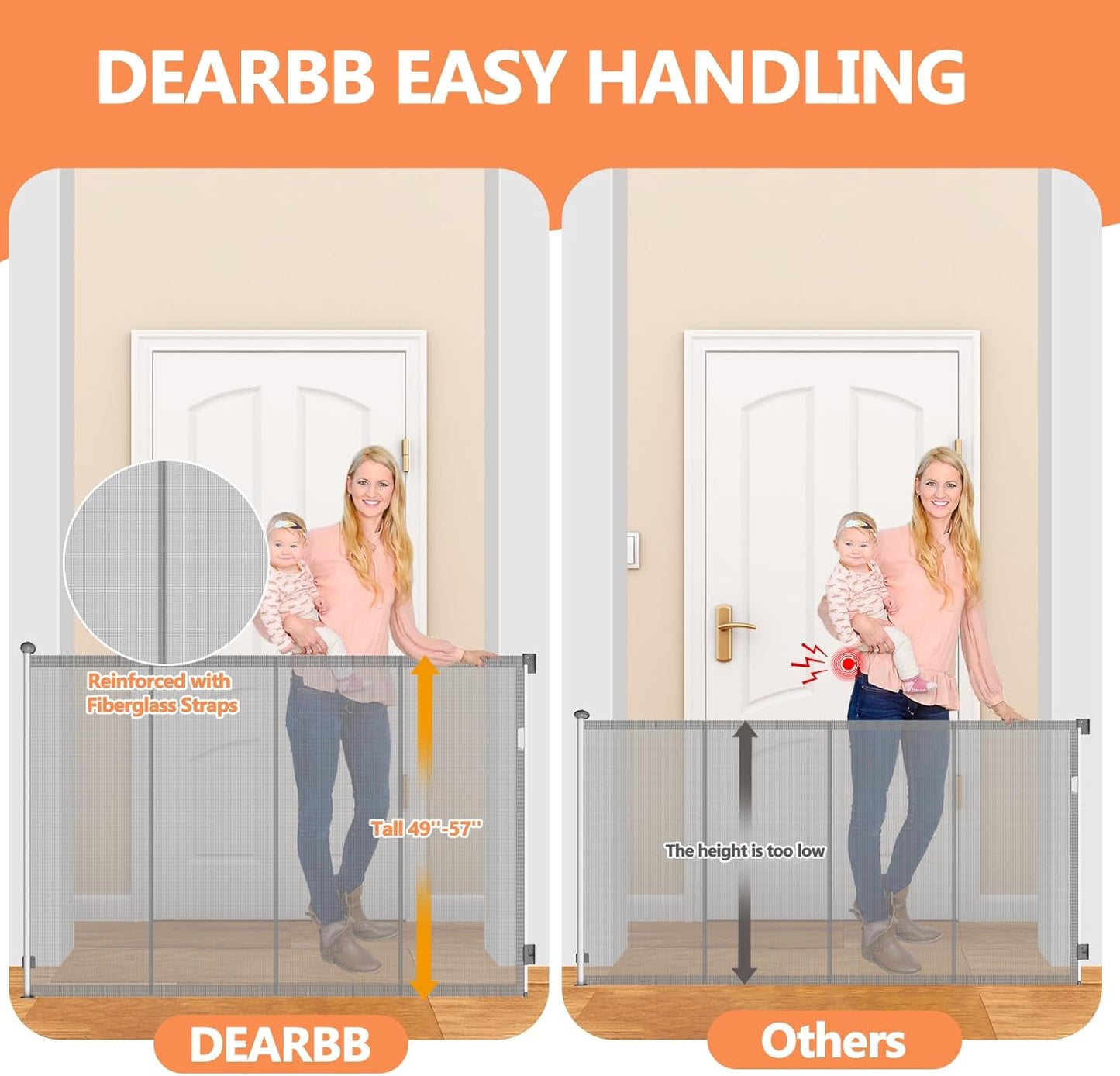 Extra Tall 57'' Reinforced Retractable Mesh Baby Gates with Reinforced Strips,Dog Gate Extends to 55" Wide,Prevents Bottom Drilling Through Baby and Pet,Retractable Pet Gate for Outdoor/Indoor