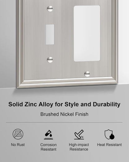 2-Pack Combo Toggle/Decorator Light Switch Cover Plate, Brushed Nickel Decorative Electrical Outlet Covers, Durable Solid Zinc Alloy Wall Switch Plates and Outlet Covers