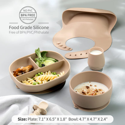 SAMiGO Silicone Baby Feeding Set, Baby Led Weaning Supplies, Suction Bowl Plate Bib Cup Self Feeding Spoons, Solid Food Eating Essentials, First Stage Utensils, 6+ Months