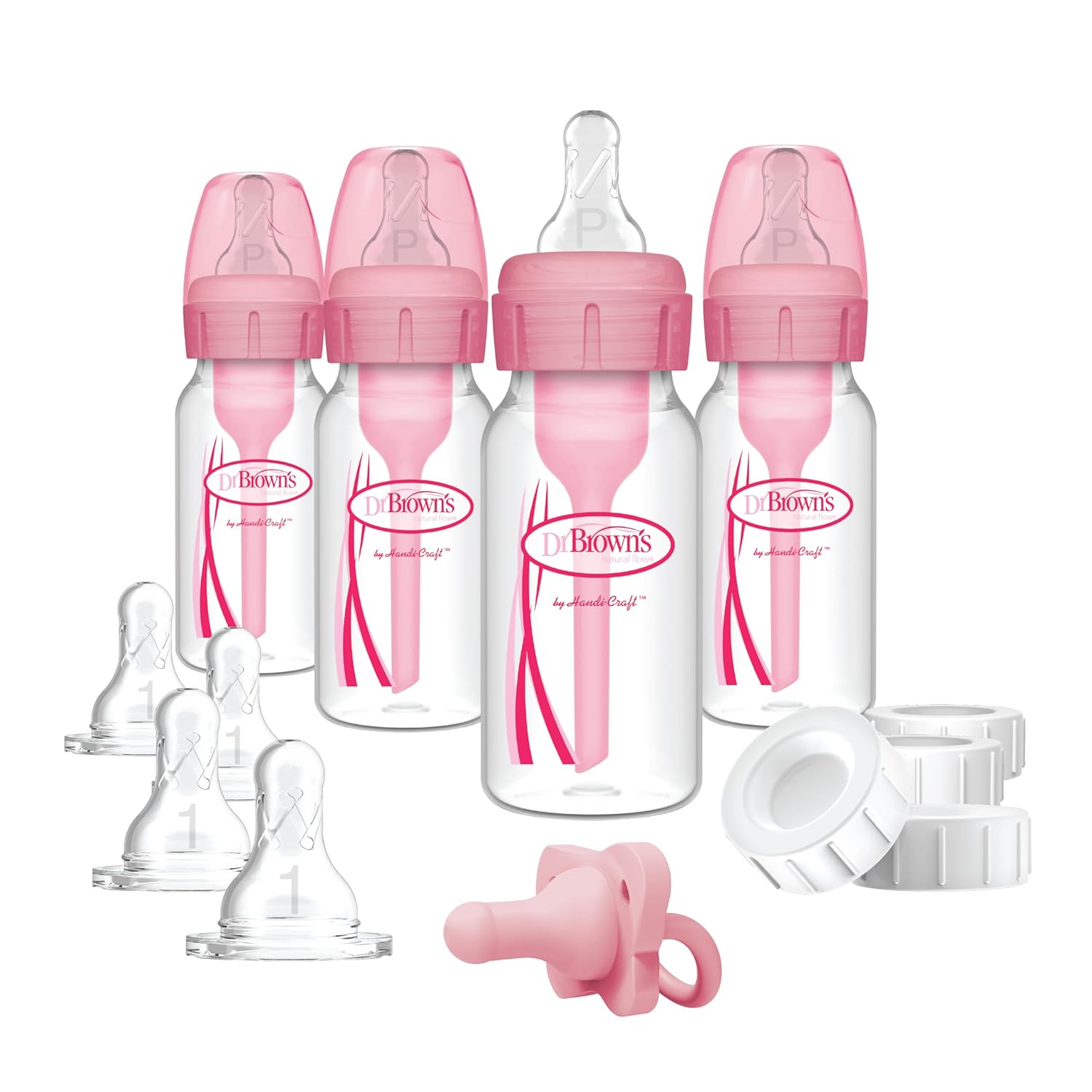Dr. Brown's Anti-Colic Baby Feeding Set with Slow Flow Nipples, Travel Caps, Silicone Pacifier