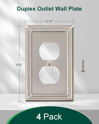 4-Pack Duplex Outlet Cover Plate, Metal Wall Plates for Electrical Outlets, Brushed Nickel 1 Gang Receptacle Cover, Pearls Decorative Switch Plates and Outlet Covers