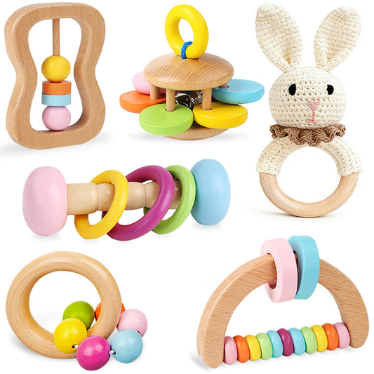 6 PCS Wooden Baby Rattle, Organic Colorful Baby Hand Rattles Set, Wood Rattles for Babies 0-6-12