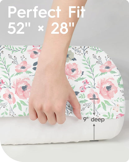 Baby Crib Sheets Girl, TotBasic Premium Soft Crib Mattress Sheet, Ultra Breathable Floral Crib Sheet Fitted, Super Stretchy Jersey Cotton Crib 28" x52‘’x9'' Extra Deep Pocket