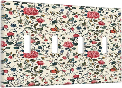 Light Switch Covers Vintage Flowers Rose Leaf Bird Butterfly Quad Toggle Electrical Faceplate 4 Gang Wall Plate Decorative Switch Plates for Bedroom living Room Decor
