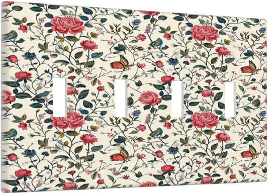 Light Switch Covers Vintage Flowers Rose Leaf Bird Butterfly Quad Toggle Electrical Faceplate 4 Gang Wall Plate Decorative Switch Plates for Bedroom living Room Decor