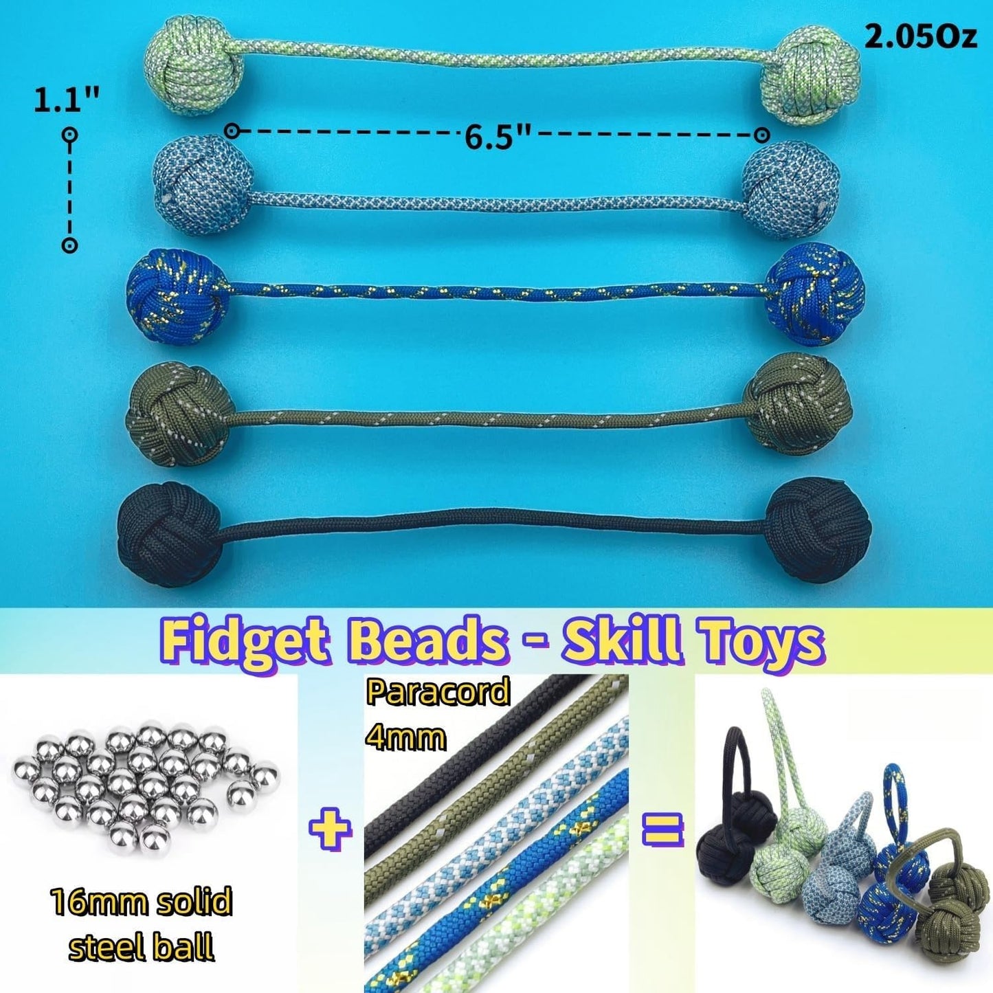 Fidget Beads Skill Toys, Fidget Toys, Parachute Cord and Steel Beads Handmade Fidget Beads, Beginners Worry Beads, Portable EDC Leisure Toys (Green)