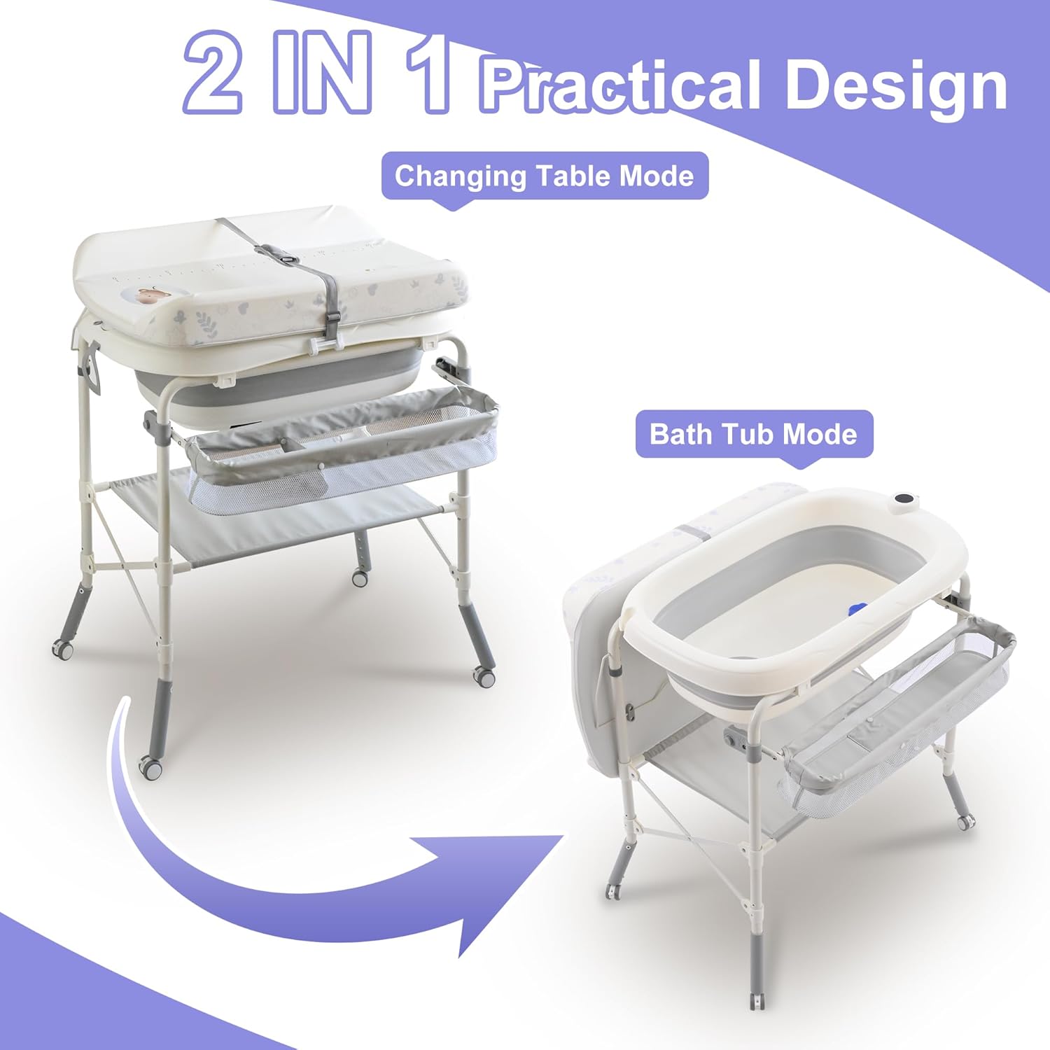 2-in-1 Baby Bathtub with Changing Table, Foldable Diaper Changing Station with 4 Wheels, Waterproof