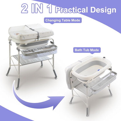 2-in-1 Baby Bathtub with Changing Table, Foldable Diaper Changing Station with 4 Wheels, Waterproof