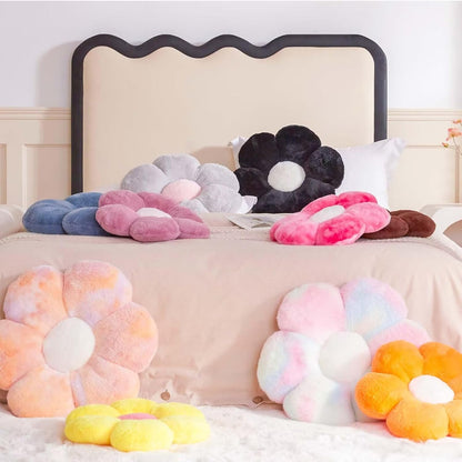 Rainbow Pink Flower Pillow, Cute Decorative Flower Shaped Throw Pillow with Faux Rabbit Fur, 14.9" Soft Flower Plush Throw Pillow Floor Pillows Room Décor for Bedroom Living Room