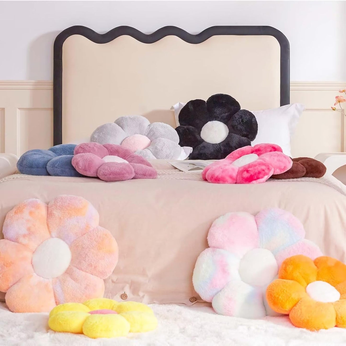 Black Flower Plush Throw Pillow, Cute Decorative Flower Shaped with Faux Rabbit Fur, 19.6" Soft Plush Floor Pillow for Bedroom Living Room