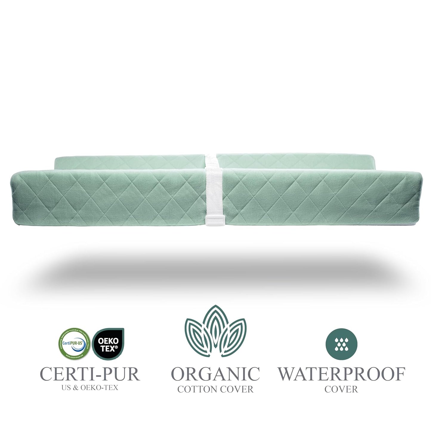 Organic Cotton Contoured Baby Changing Pad w/Waterproof Foam Mattress, Includes Soft, Removable & Washable Cover, Safety Strap, Non-Slip Bottom, Topper for Standard Size Infant Diaper Table & Dresser