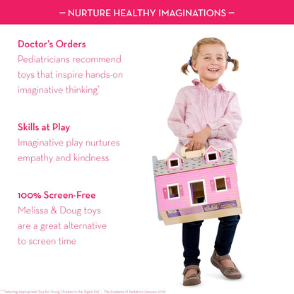 Melissa & Doug Fold & Go Wooden Dollhouse with 2 Dolls and 11 Pieces of Furniture - Portable Mini