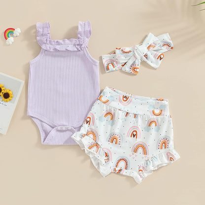 fhutpw Baby Girl Clothes Summer Cute Outfits 3 6 12 18 Months Spaghetti Strap Romper & Floarl Shorts Sets