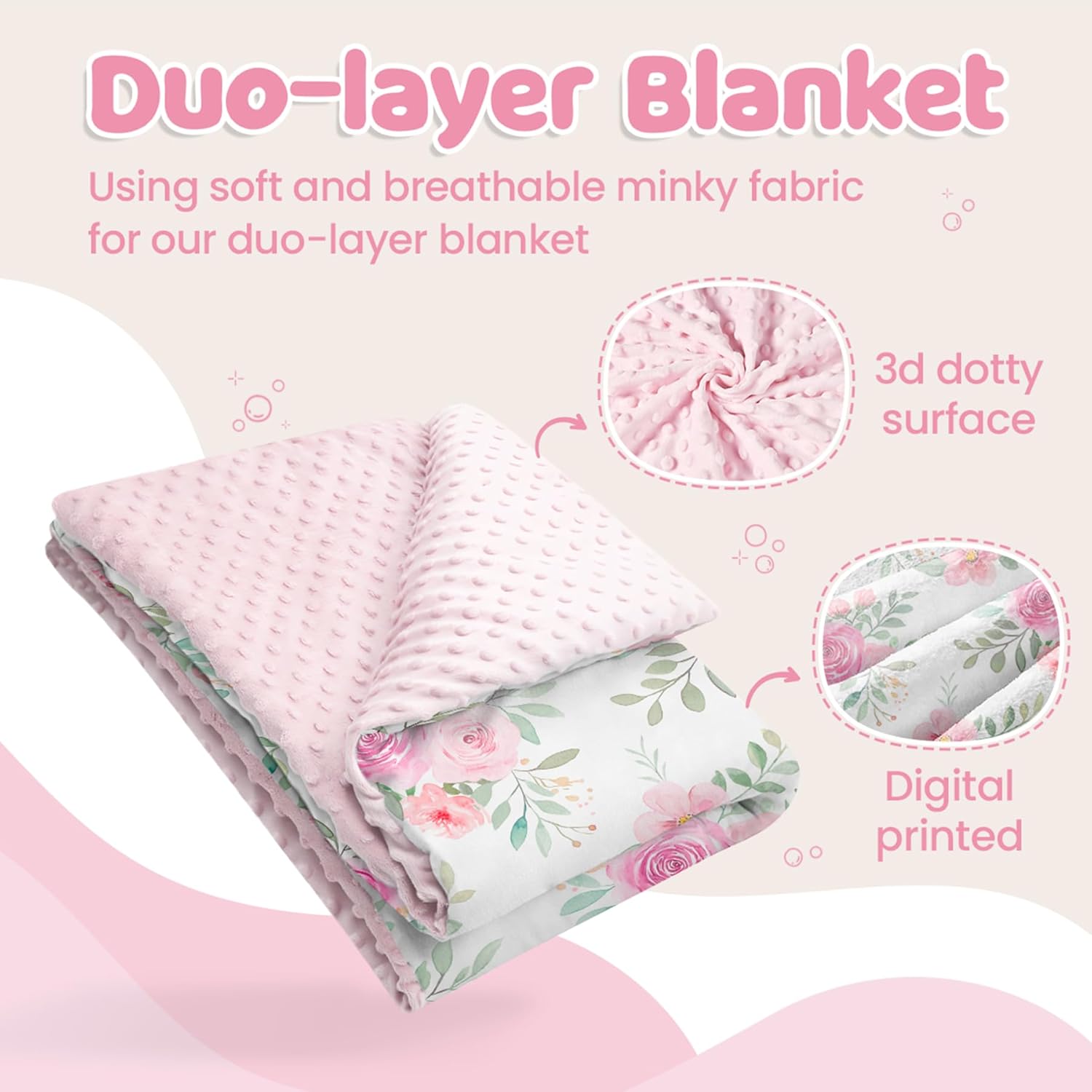 Floral Minky Baby Blanket 30 x 40 Inches for Girls, Soft Plush Receiving Blanket with Dotted Back