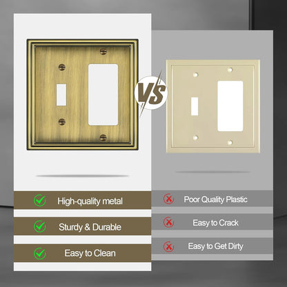 Combination Metal Light Switch Covers Wall Plate, 1 Toggle/1 Decorator Switch Plate Outlet Covers Antique Brass Decorative 2 Gang Wall Plate - Classic Style, 3 Pack