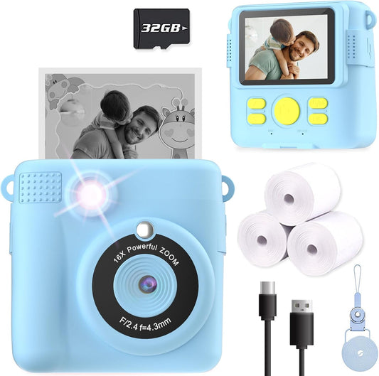 Kids Camera Instant Print, Christmas Birthday Gifts for Kids Age 3-12, Selfie Digital Camera with 1080P Videos,Toddler Portable Travel Cameras Toy for 4 5 6 7 8 9 Year Old Boys Girls-Blue