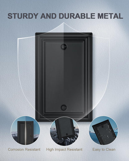 2-Pack Black Blank Wall Plates, No Device Blank Outlet Covers, Metal Electrical Covers for Unused Outlets/Switches, 3.15''*4.88'', Midsize