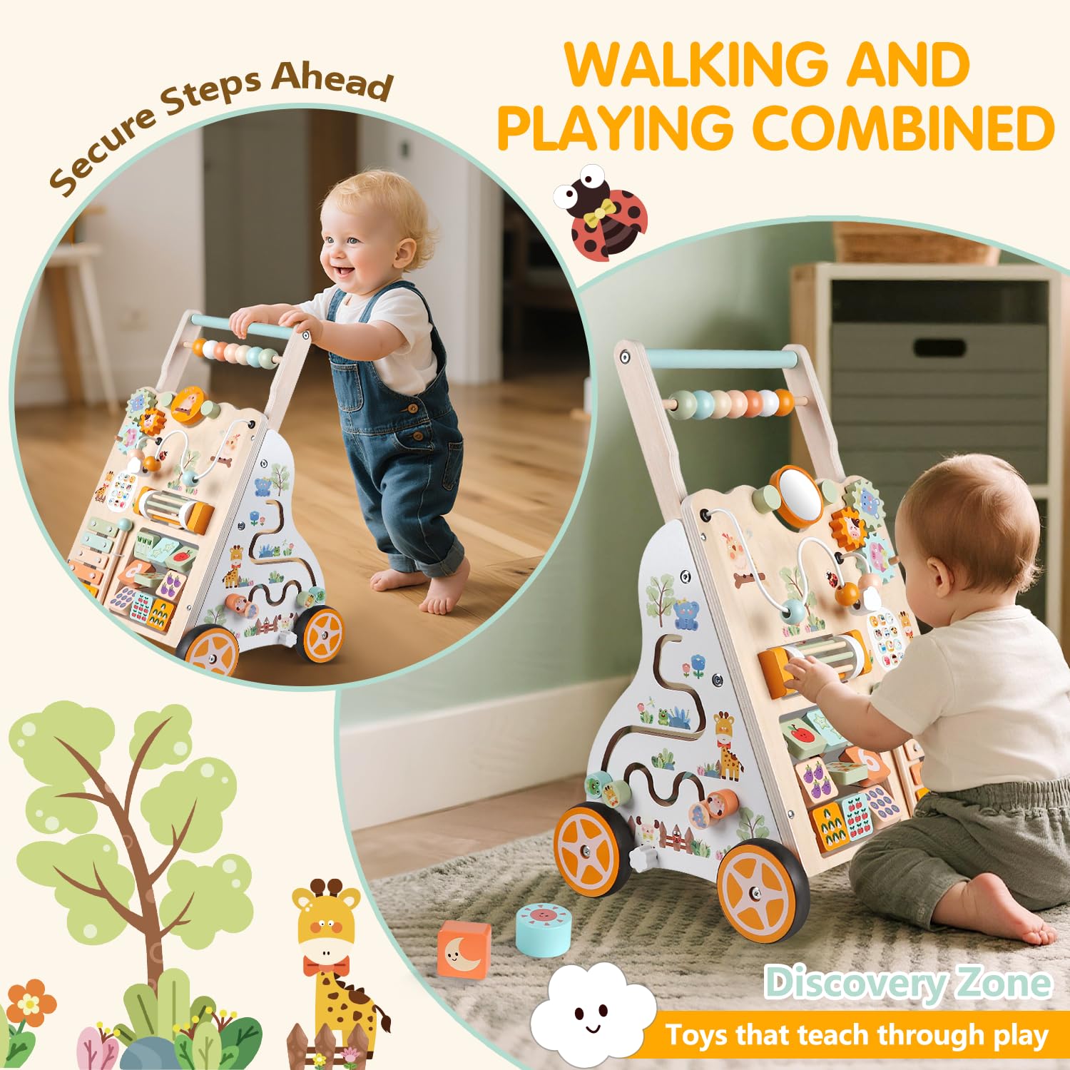 Weilim Wooden Baby Walker, 10-in-1 Montessori Push Walker for Toddlers 1+