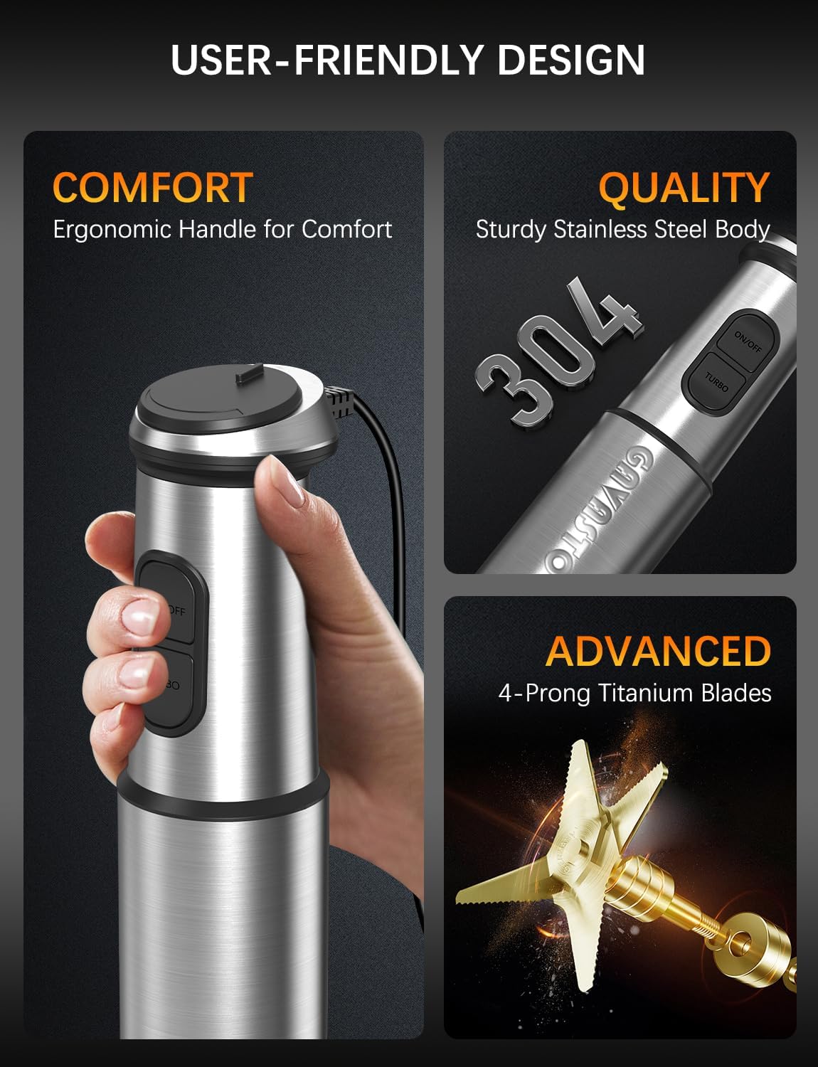 Immersion Blender Handheld GAVASTO Hand Blender,20 Speeds and Turbo Mode Hand Mixer, 3-in-1 Heavy