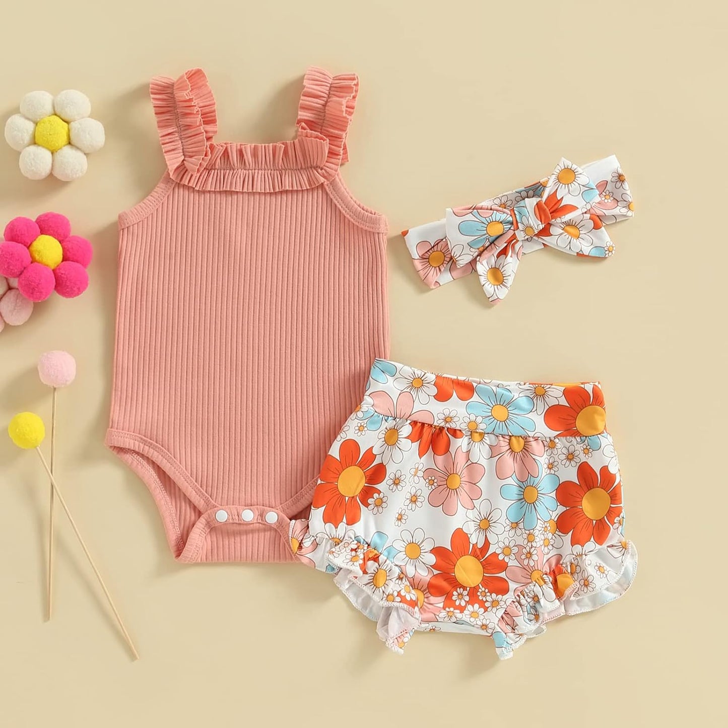 fhutpw Baby Girl Clothes Summer Cute Outfits 3 6 12 18 Months Spaghetti Strap Romper & Floarl Shorts Sets