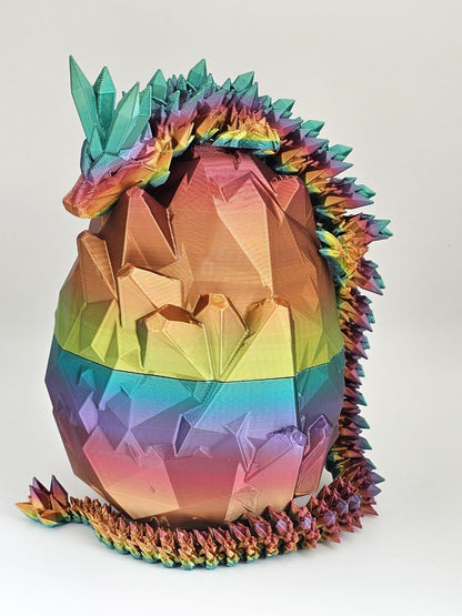 3D Printed 14'' Articulated Crystal Dragon with Egg, Toy Home Office Decor, Executive Desk Toy, Adult Fidget Toy, Toddler Play Game (Rainbow, Medium 14'' w/ Egg)