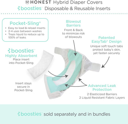 Super Boosties 96ct + Honest Hybrid Cloth Diaper Cover with Pocket-Sling, Small (8-15 lbs), Stops Nighttime Leaks, Boosties Disposable Diaper Inserts, Honest Cotton Muslin Covers, 3 Pack