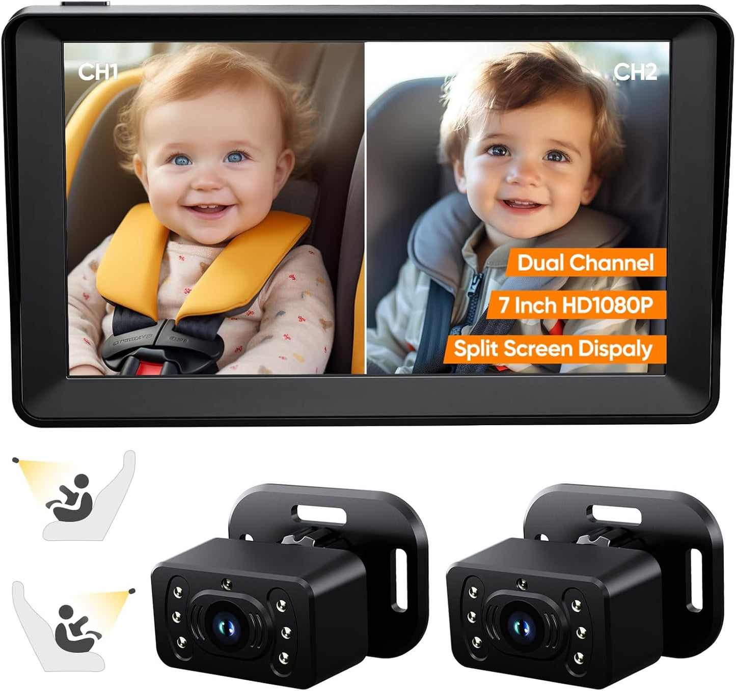 Baby Car Camera for 2 Kids - 7 Inch HD1080P Split Screen Baby Monitor with Dual Backseat Camera 150° Wide View & 360° Rotatable, Night Vision Easy Install, Rear-Facing Baby Car Mirror