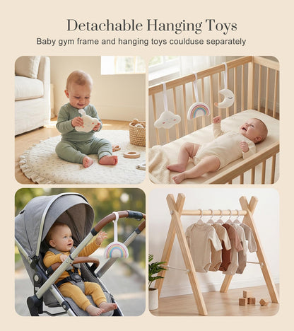 Mallify Wooden Baby Gym with 6 Gym Toys, Foldable Baby Play Gym, Natural Pine Wood Play Gym, Frame