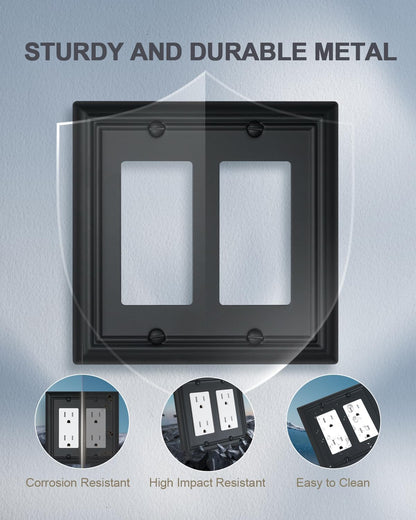 2-Pack Double Decorator Outlet Covers, Decorative Black Wall Plates, Metal Face Plates for Receptacle, GFCI Outlet, Dimmer Switch, 4.96''*4.88'', Midsize
