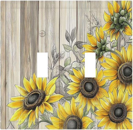 Decorative Switch Plates Floral Sunflower Rustic Flower Vintage Wood 2 Gang Double Toggle Outlet Light Switch Cover Wall Plate Electrical Faceplate For Farmhouse Cabin Decor