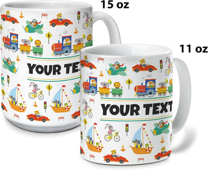 Personalized Mug for Kids - Vehicles - Custom Name/Text, Ceramic Hot Chocolate/Cocoa/Coffee Cup for Boys, Birthday/Christmas/Holiday Gift - 11 oz, Pink Handle