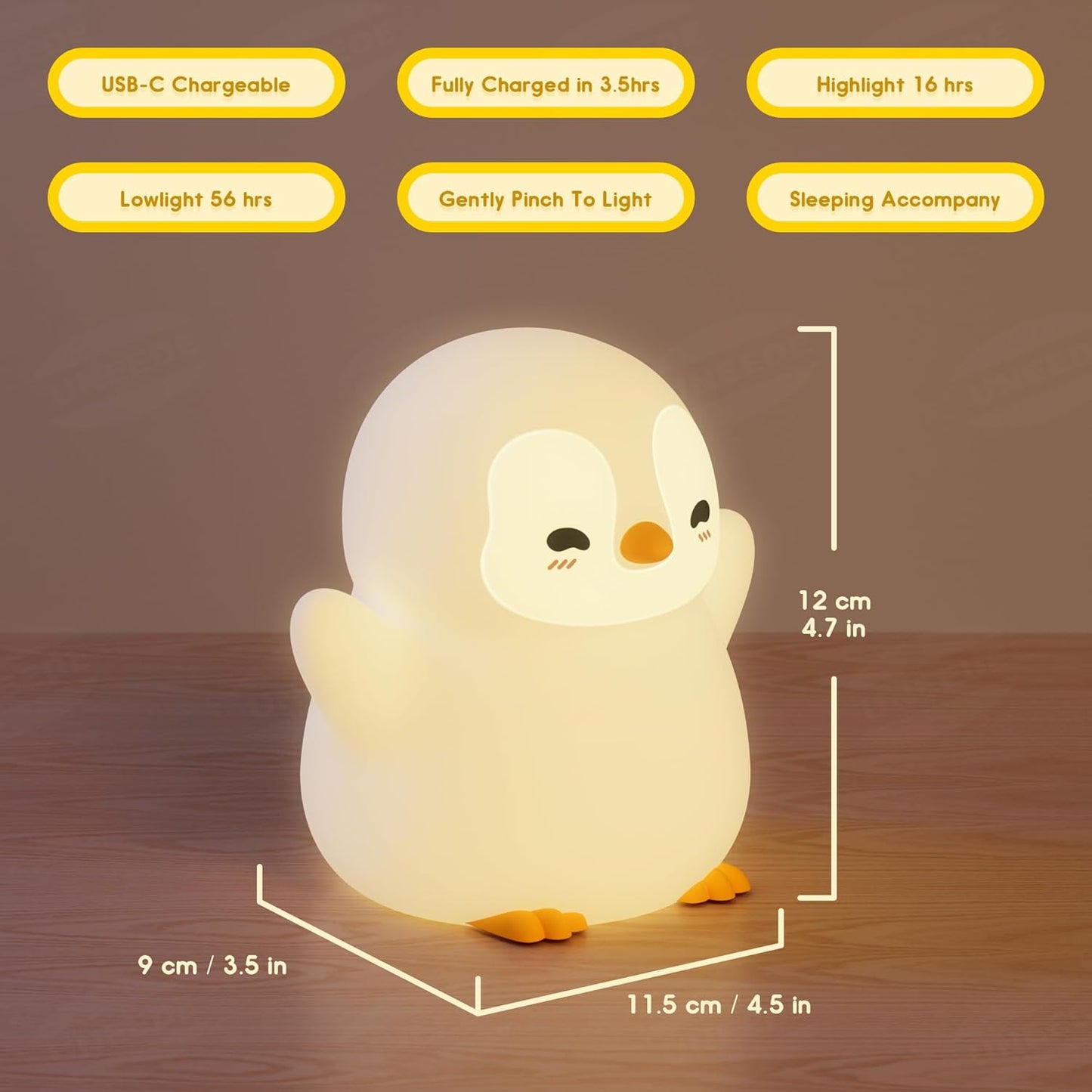 UNEEDE Standing Penguin Night Light with Detachable Bunny Hat - Rechargeable Silicone Touch Lamp, 2-Level Dimmable, 20-Min Timer, Nursery Decor for Kids & Holiday Gifts