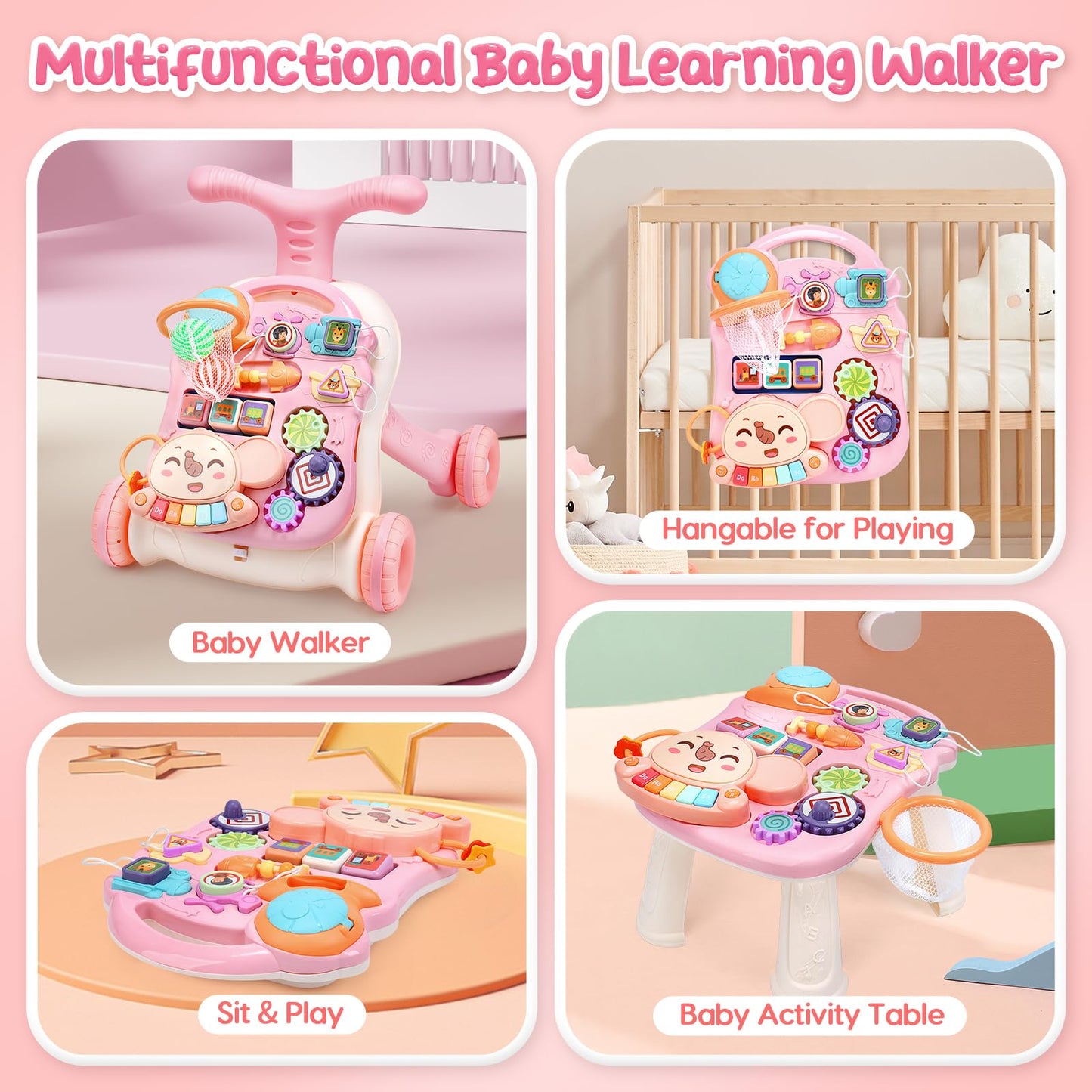 CUTE STONE 2-in-1 Baby Walker for Girls, Toddlers Learning Walker, Early Educational Push Walking