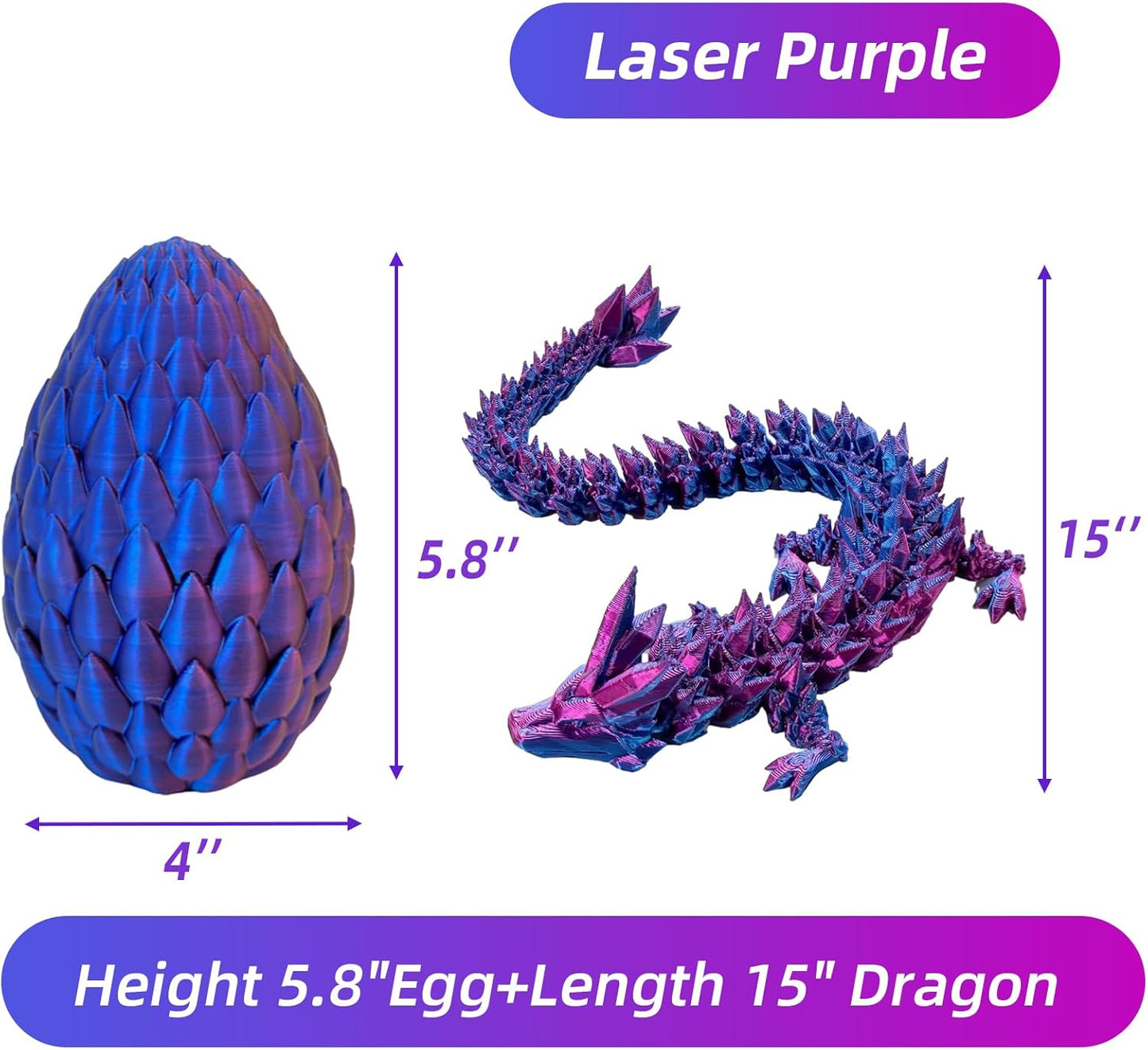 Dragon Egg,15in Crystal Dragon,Surprise Egg,Articulated Dragon,3D Printed Gift Toy,Fidget Toys for Autism/ADHD, Executive Desk Toys,Home Office Decor (Laser Purple)