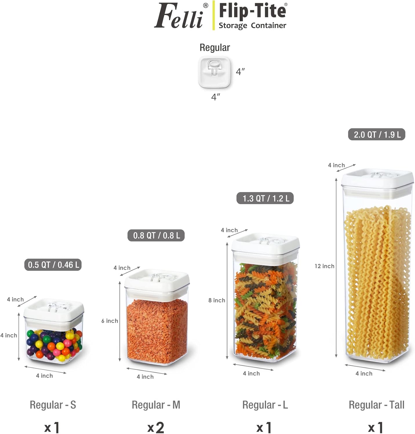 Felli Flip Tite Storage Container with Lid 4" Airtight Ring Seal Top, Stackable Acrylic Canister