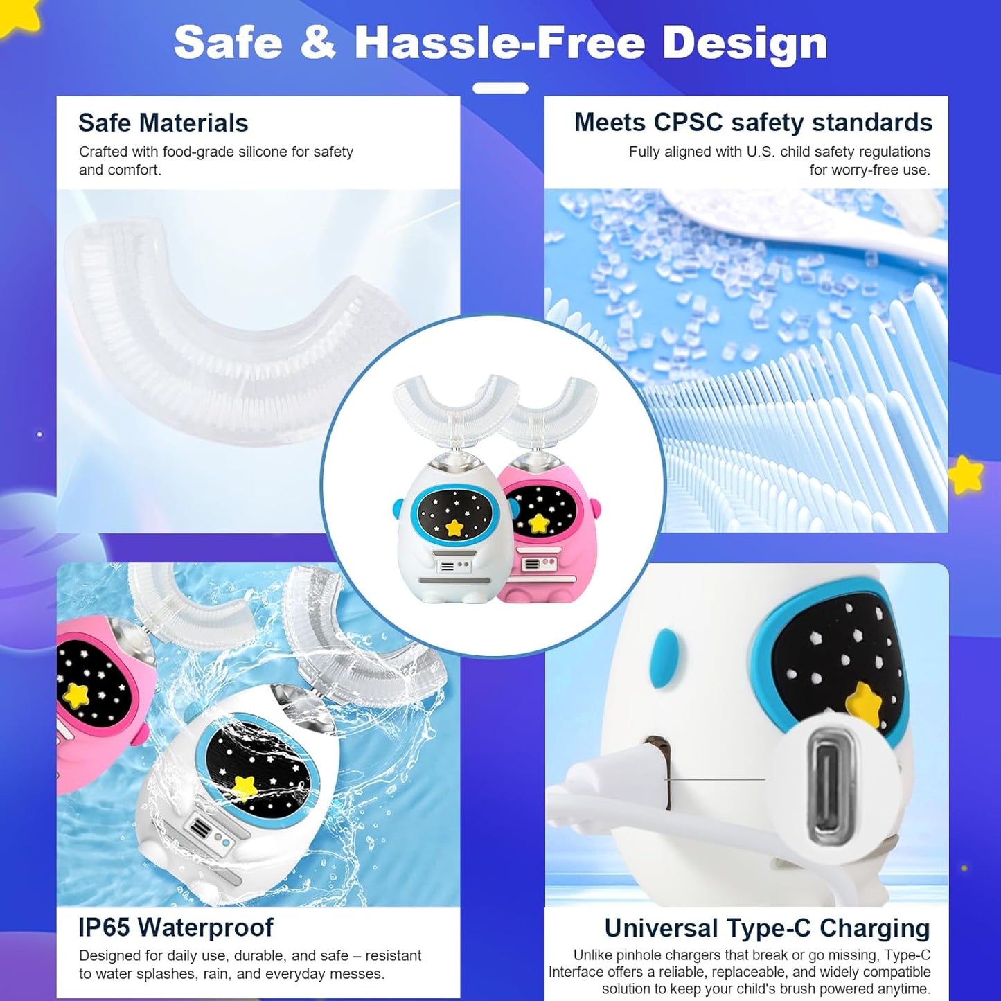 Kids U Shaped Electric Toothbrush with Music, 3 Modes, Voice Teaching, Mouthpiece Cleaning, Soft