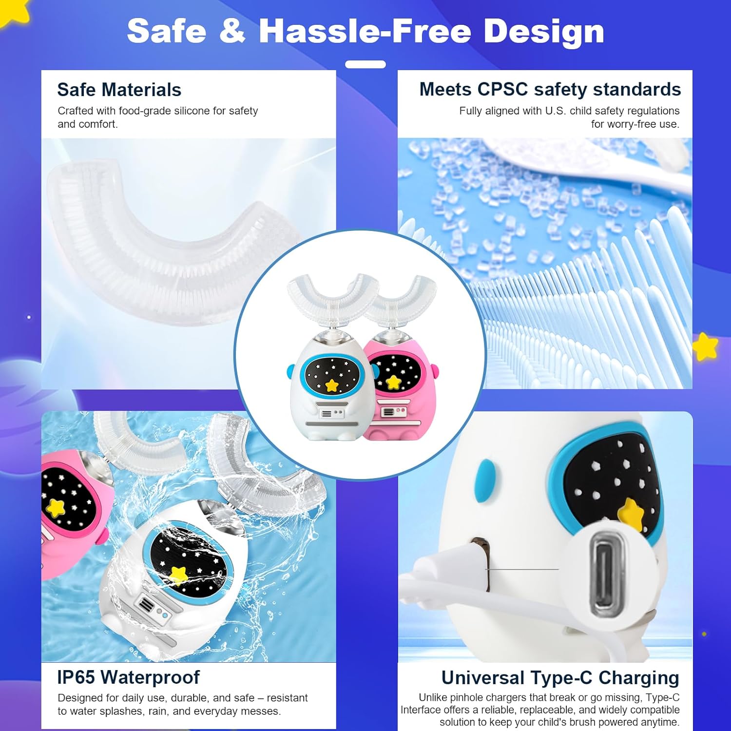 Kids U Shaped Electric Toothbrush with Music, 3 Modes, Voice Teaching, Mouthpiece Cleaning, Soft