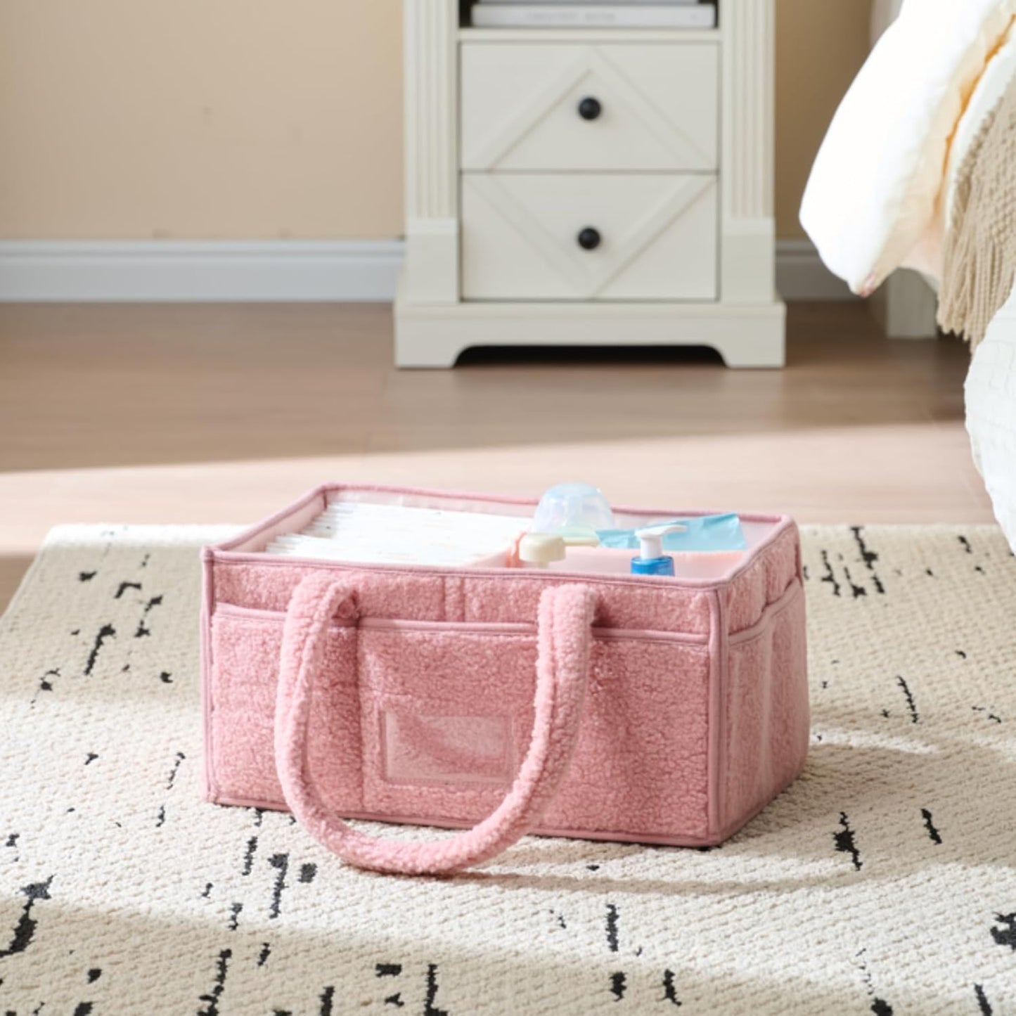 luxury little Diaper Caddy Organizer, Large Cotton Rope Nursery Baby Basket, Changing Table Organizer for Baby Diaper Storage, Portable Car Organizer with Removable Divider (Pink)