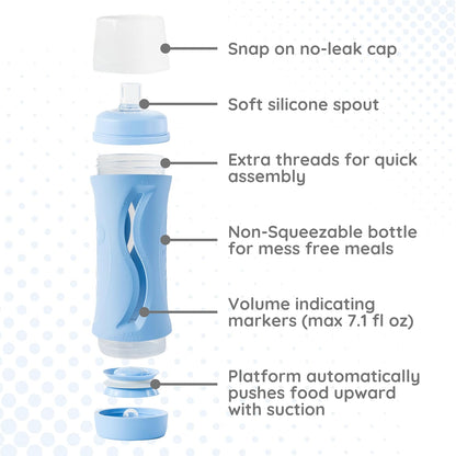 Subo Baby Food Bottle Starter Set | No Mess Baby Toddler Self Feeder | Squeeze Free Design for Purees, Smoothies, Yogurt, Oatmeal, or Thickened Liquids | Reusable Silicone Washable Cup (Blue)