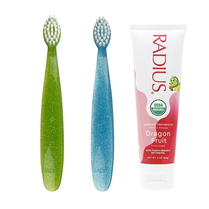 RADIUS Toddler Toothbrush and Toothpaste Bundle for Kids, 2 Pack Totz Extra Soft Brush in Blue and