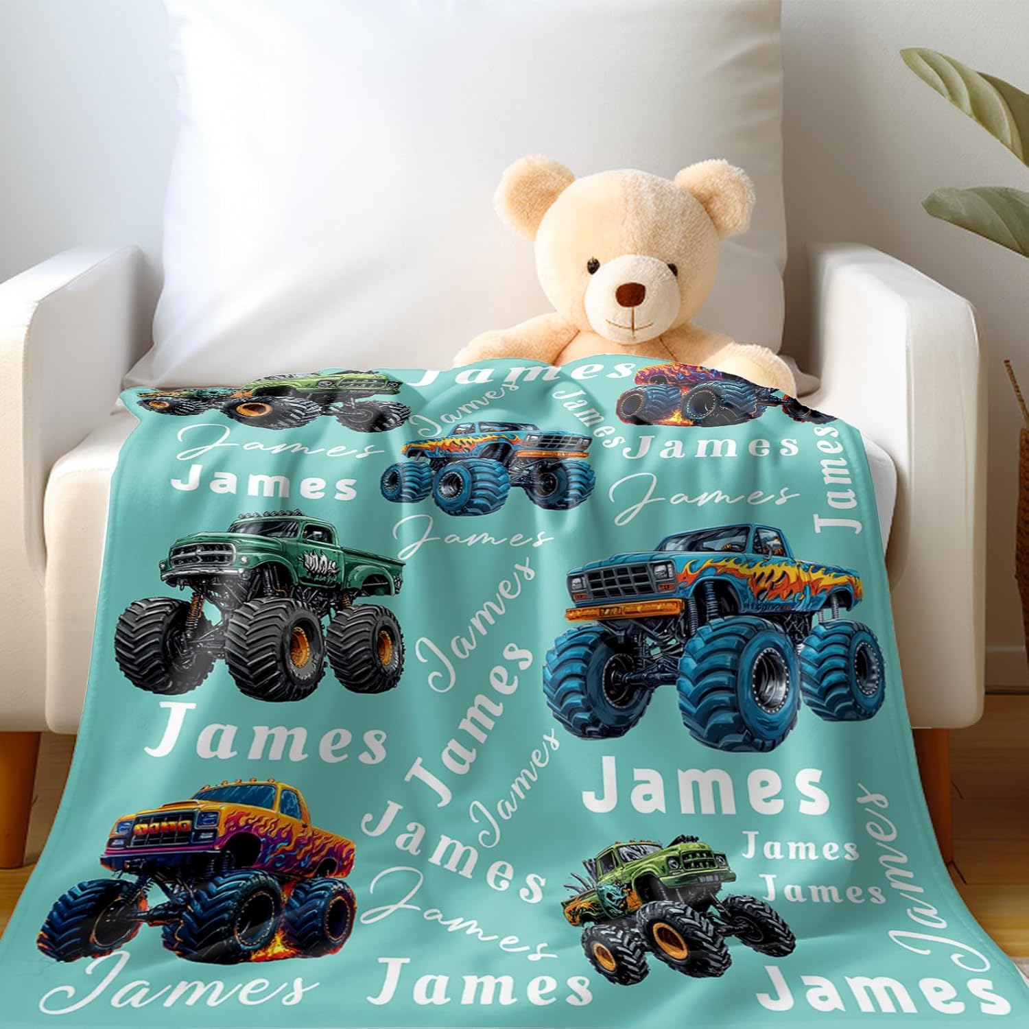 Ship Next Day, Personalized Truck Blanket - Printed in USA, Custom Name Blankets for Kids with Big