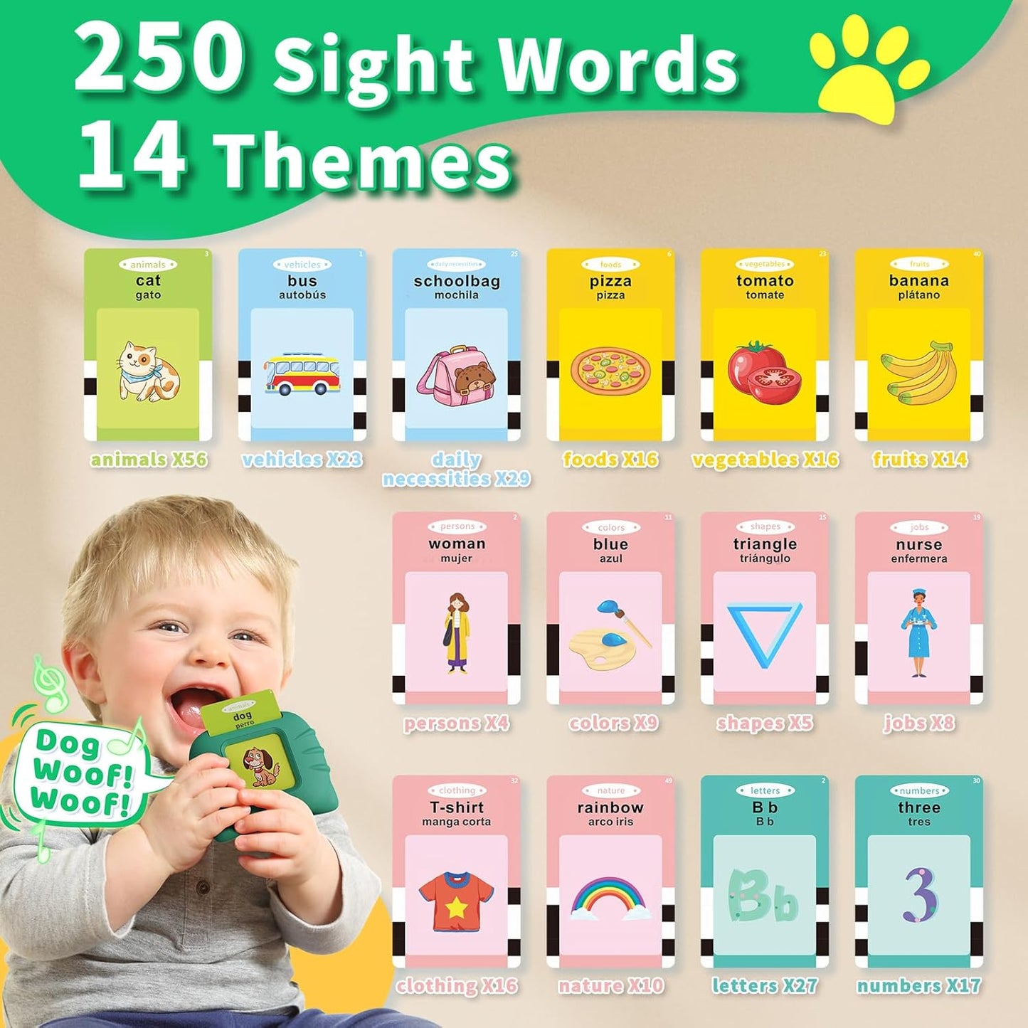 Toddler Toys Bilingual English and Spanish Talking Flash Cards for 1 2 3 4 5 6 Year Old Boys and Girls, Autism Sensory Toys for Autistic Children, Learning Educational Speech 250 Sight Words