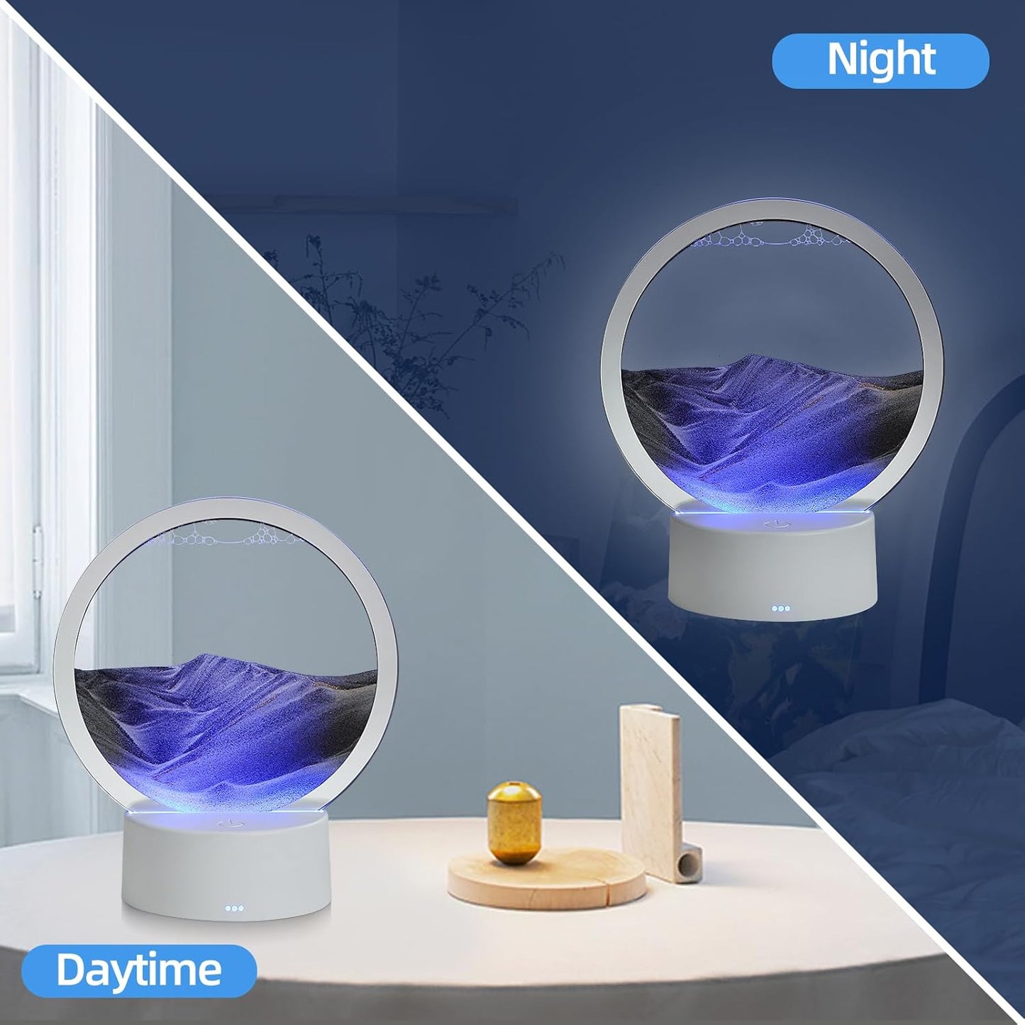 KPNUWN Moving Sand Art Liquid Motion, 3D Deep Sea Sandscape Color Quicksand Decor, Round Glass Moving Sand Art Picture Relaxing Desktop Home Office Work Decor (7 inch-Black Light)