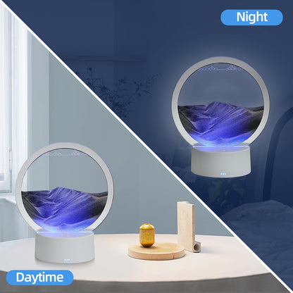 KPNUWN Moving Sand Art Liquid Motion, 3D Deep Sea Sandscape Color Quicksand Decor, Round Glass Moving Sand Art Picture Relaxing Desktop Home Office Work Decor (7 inch-Black Light)