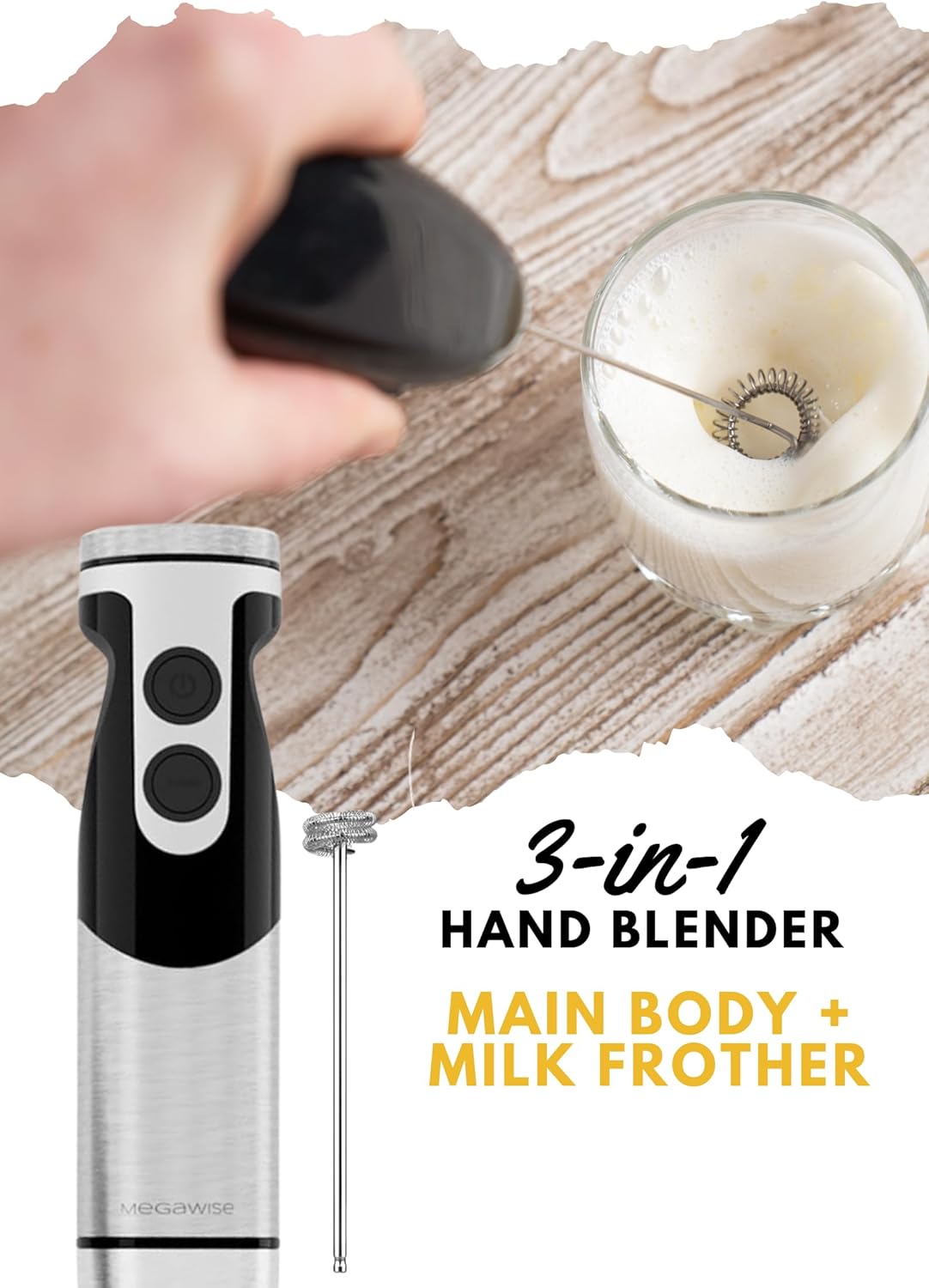 MegaWise Stainless Steel Titanium Reinforced 3-in-1 Immersion Hand Blender, Powerful with 80%