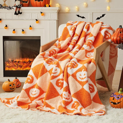 CYMULA Halloween Knit Throw Blanket - Pumpkin Blanket for Couch, Soft Cozy Lightweight Fluffy
