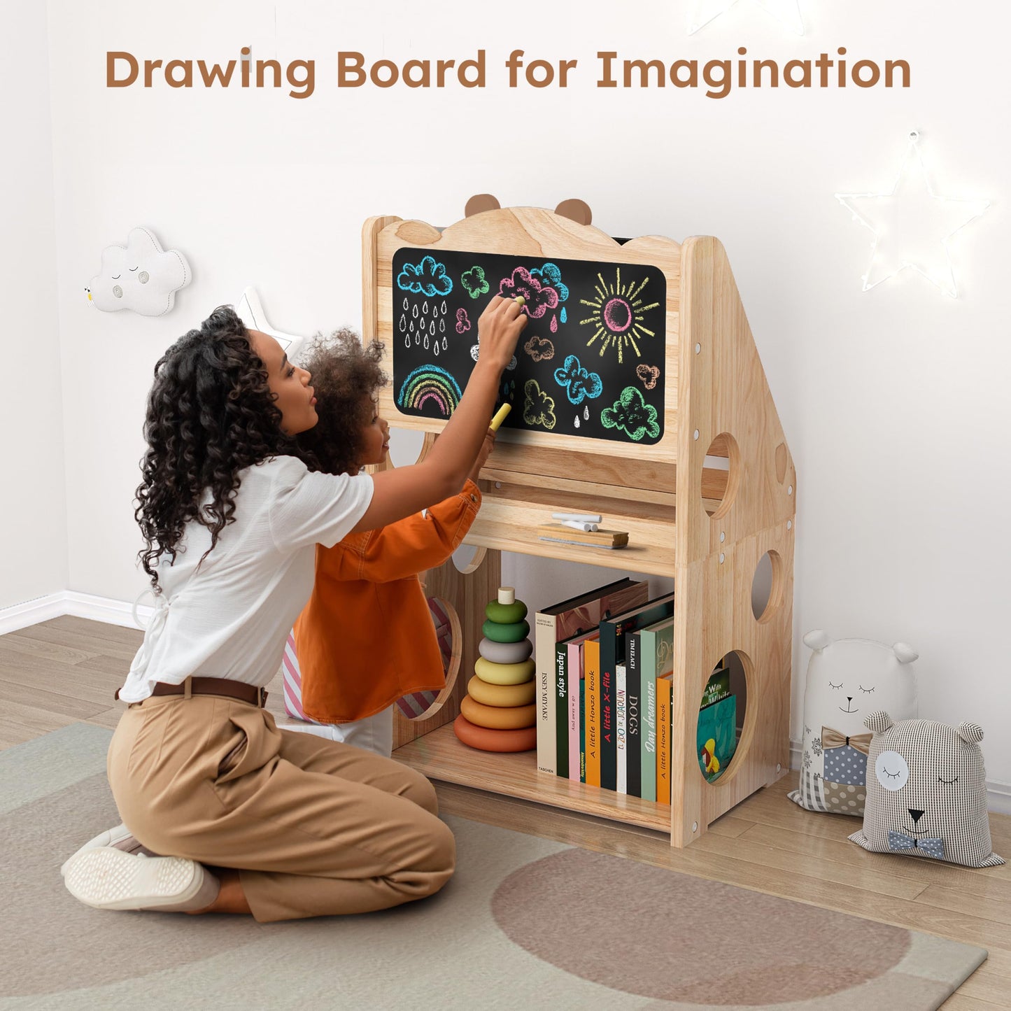 Woodtoe 5 Tier Montessori Bookshelf with Toy Storage, Large Toddler Bookshelf with Chalkboard, Baby