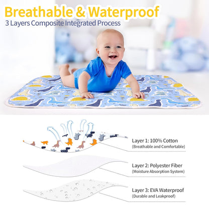 2Pcs Diaper Changing Pads for Baby, Dinosaur Change Mat, 3Layers Waterproof Change Pad Foldable Absorbent Mats for Women, Reusable Incontinence Underpads for Patient 24''x30'' (Colorful Dinosaur)