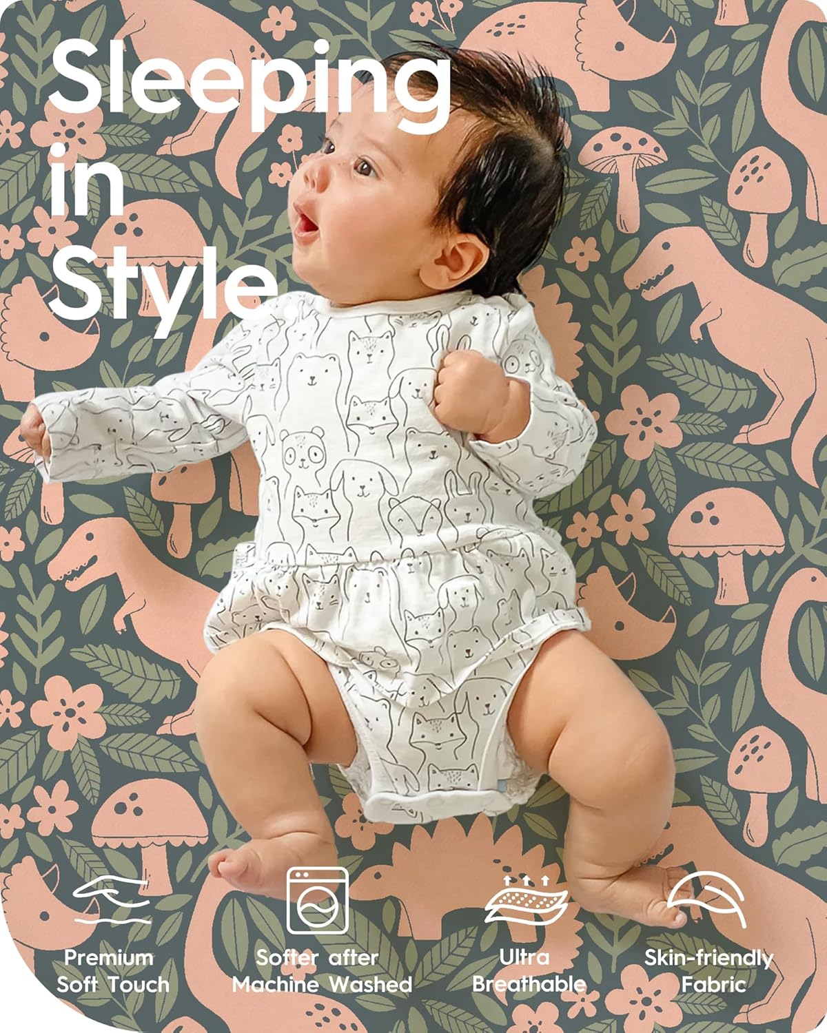 Dinosaur Crib Sheets for Boys, Premium Soft Crib Mattress Fitted Sheet, Ultra Breathable Baby Sheets, Super Stretchy Baby Bed Sheets 28x52x9 Extra Deep Pocket, 2 Pack