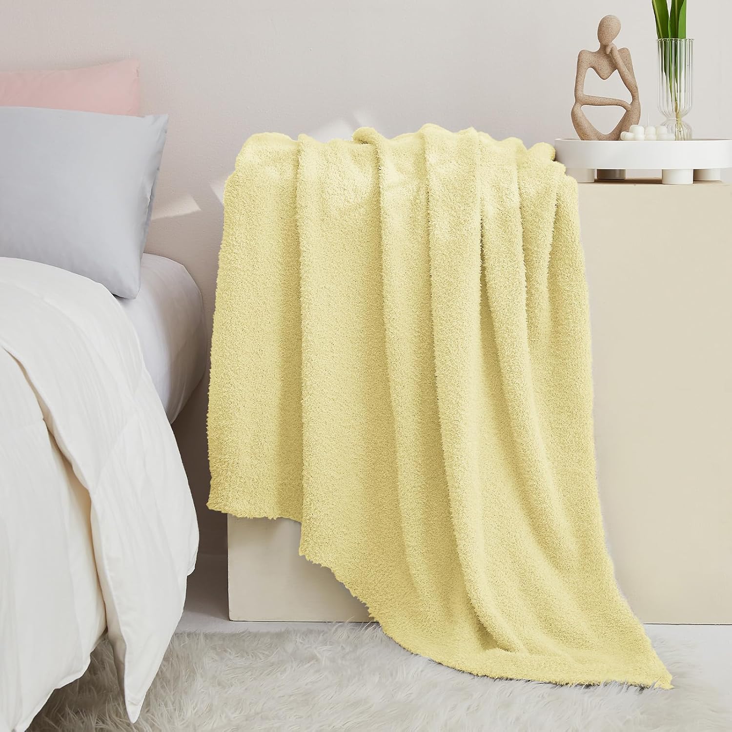 CYMULA Knit Throw Blanket for Couch Yellow - Super Soft Lightweight Plush Fuzzy Fluffy Cozy